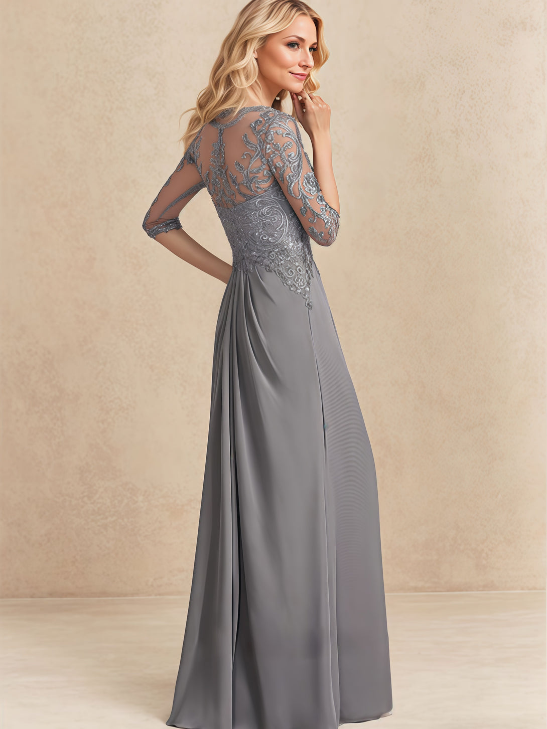 A-Line Boat Neck Half Sleeve Floor-Length Lace/Chiffon Mother of the Bride Dress With Appliques/Pleated BabaMila