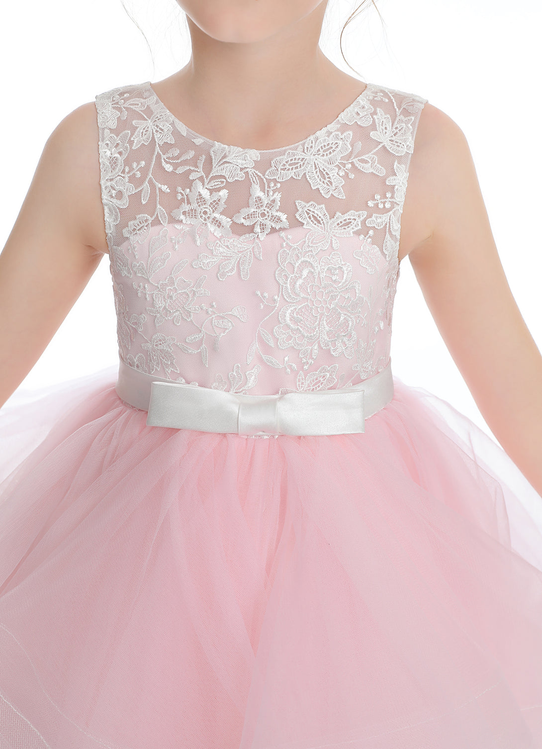 Sleeveless Scoop Neck Knee-Length Lace/Tulle/Satin Flower Girl Dresses With Bow Girls Gidiondress