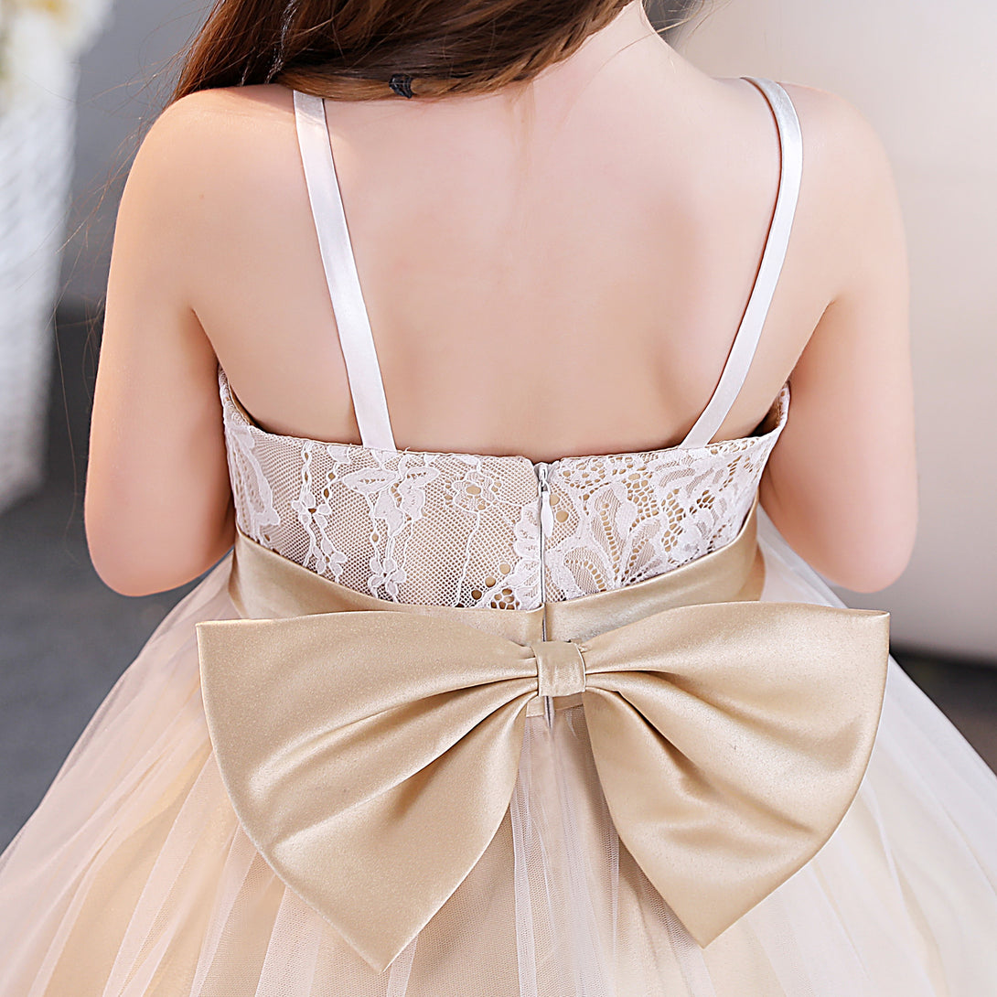 Girls Birthday Dresses Square Neck Spaghetti Straps Lace/Tulle/Satin Tea-Length Flower Girl Dresses/Party Dresses With Belt/Bow Gidiondress