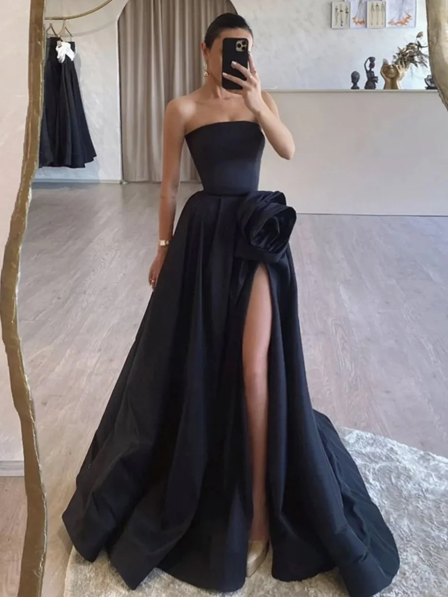 Black Strapless Satin Long Prom Dress With High Split BabaMila