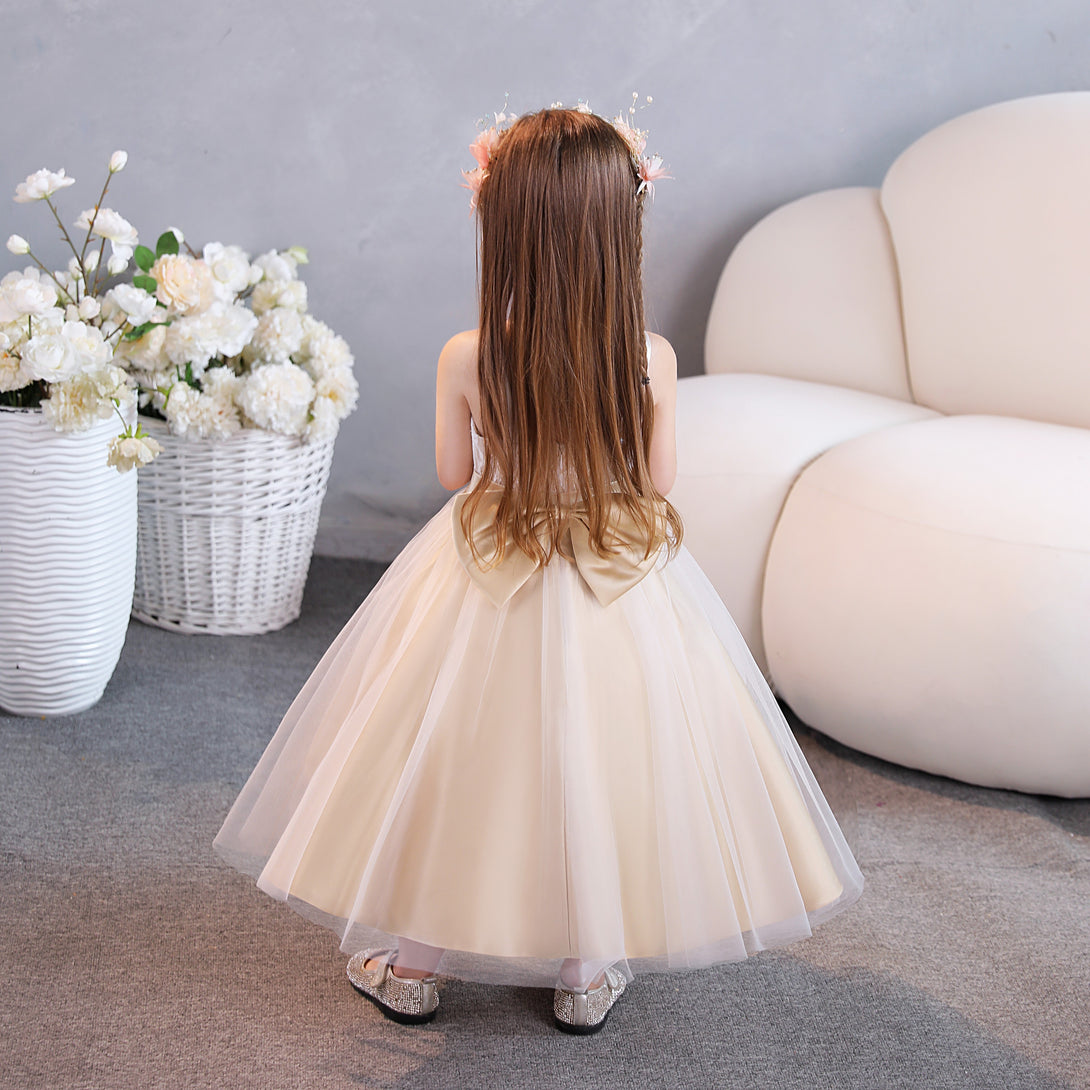 Girls Birthday Dresses Square Neck Spaghetti Straps Lace/Tulle/Satin Tea-Length Flower Girl Dresses/Party Dresses With Belt/Bow Gidiondress