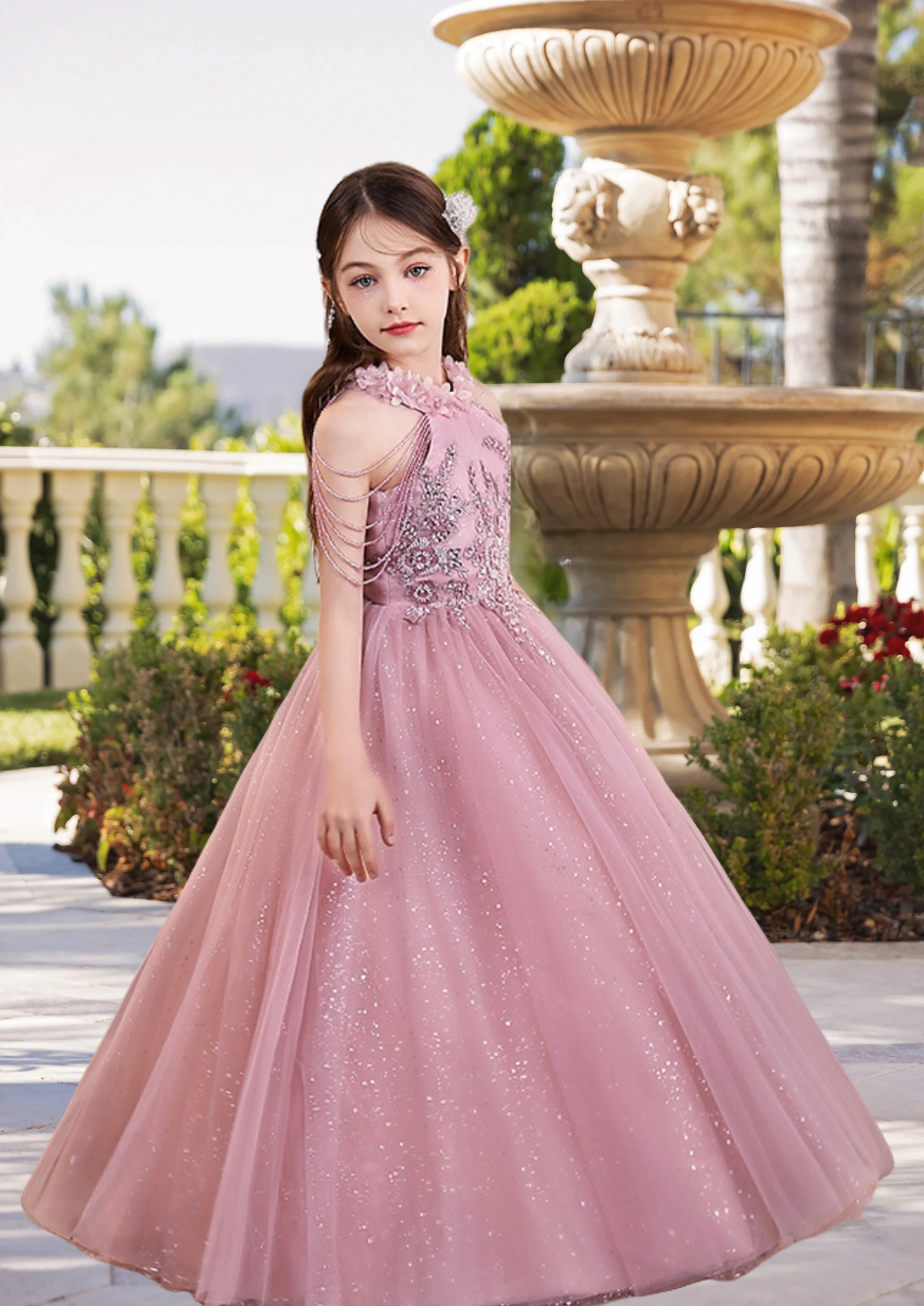 Halter Cold Shoulder Floor-Length Elegant Satin/Tulle Girls Birthday Dresses With Appliques/Beads/3D Flower Gidiondress