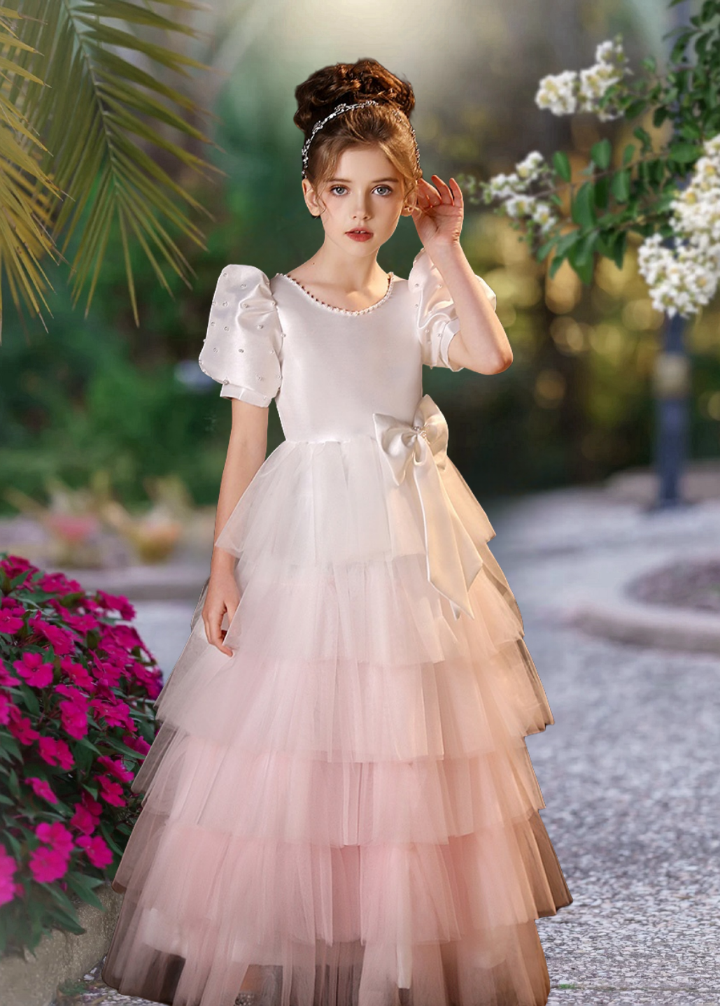 Elegant A-Line Scoop Neck Short Sleeve Floor-Length Tulle/Satin Girl's Cake Dresses With Beads/Bow Girls Gidiondress