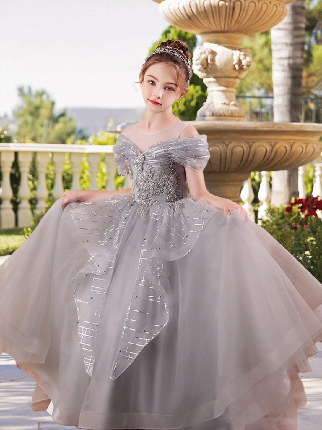 Scoop Neck Cold Shoulder Floor-Length Elegant Printed Tulle/Tulle Girls Birthday Dresses With Appliques/Beads Gidiondress