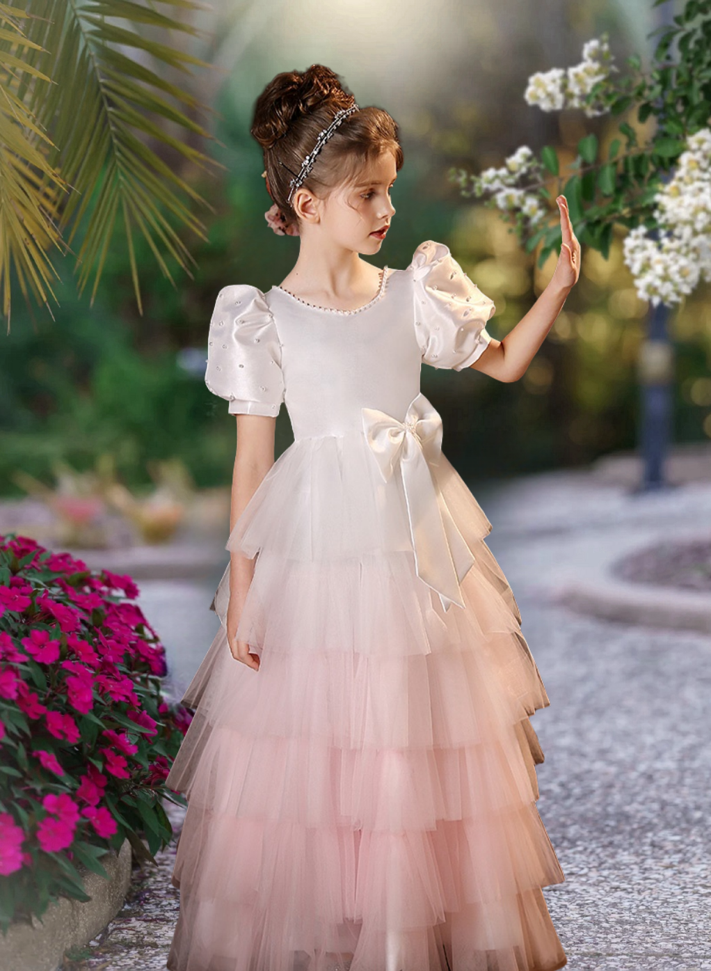 Elegant A-Line Scoop Neck Short Sleeve Floor-Length Tulle/Satin Girl's Cake Dresses With Beads/Bow Girls Gidiondress