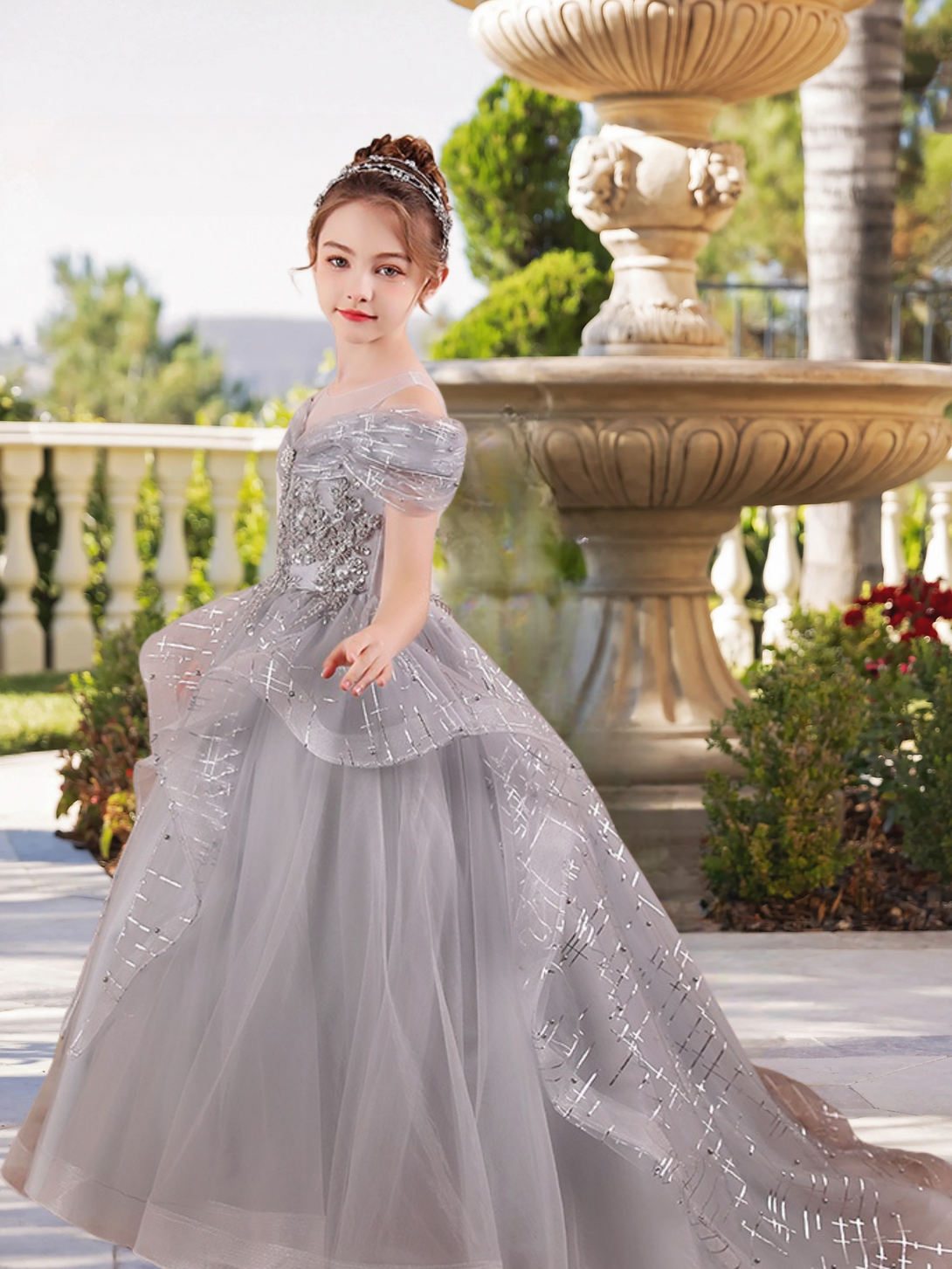 Scoop Neck Cold Shoulder Floor-Length Elegant Printed Tulle/Tulle Girls Birthday Dresses With Appliques/Beads Gidiondress