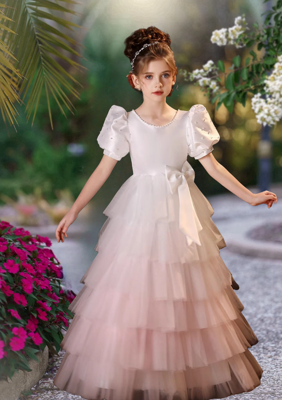 Elegant A-Line Scoop Neck Short Sleeve Floor-Length Tulle/Satin Girl's Cake Dresses With Beads/Bow Girls Gidiondress