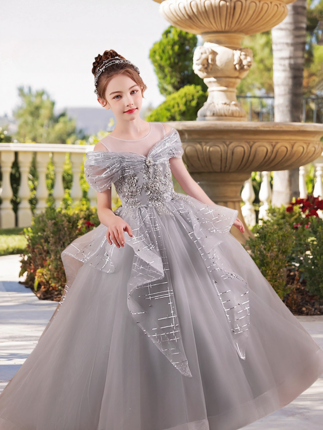 Scoop Neck Cold Shoulder Floor-Length Elegant Printed Tulle/Tulle Girls Birthday Dresses With Appliques/Beads Gidiondress