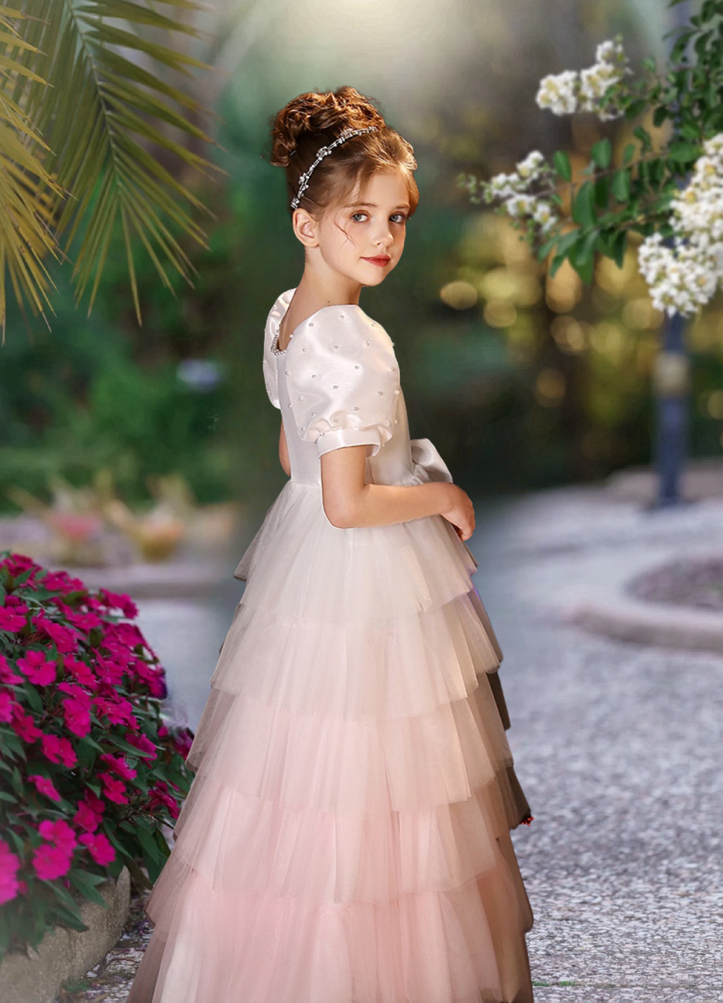 Elegant A-Line Scoop Neck Short Sleeve Floor-Length Tulle/Satin Girl's Cake Dresses With Beads/Bow Girls Gidiondress