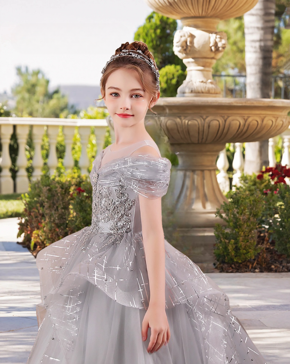 Scoop Neck Cold Shoulder Floor-Length Elegant Printed Tulle/Tulle Girls Birthday Dresses With Appliques/Beads Gidiondress