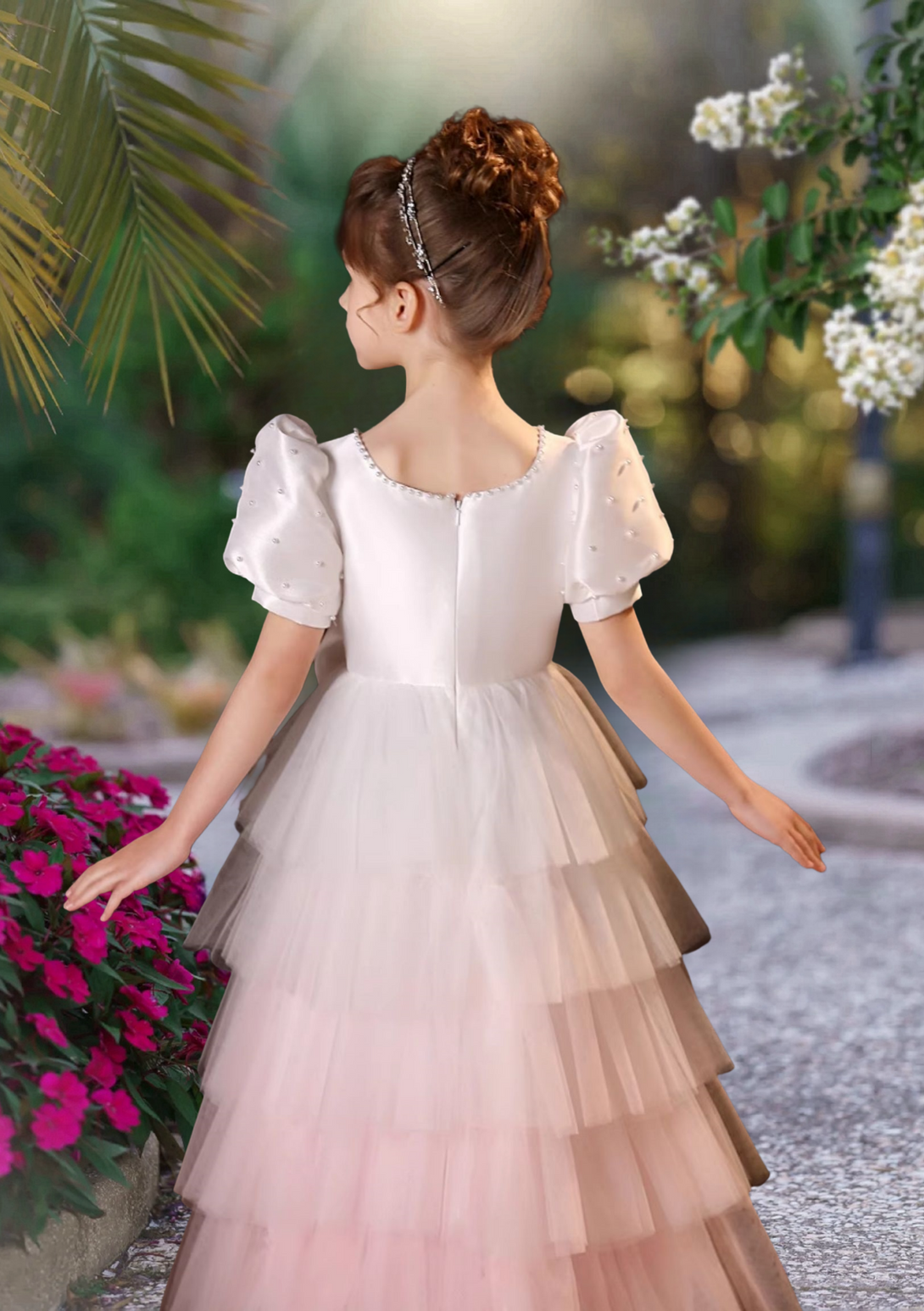 Elegant A-Line Scoop Neck Short Sleeve Floor-Length Tulle/Satin Girl's Cake Dresses With Beads/Bow Girls Gidiondress