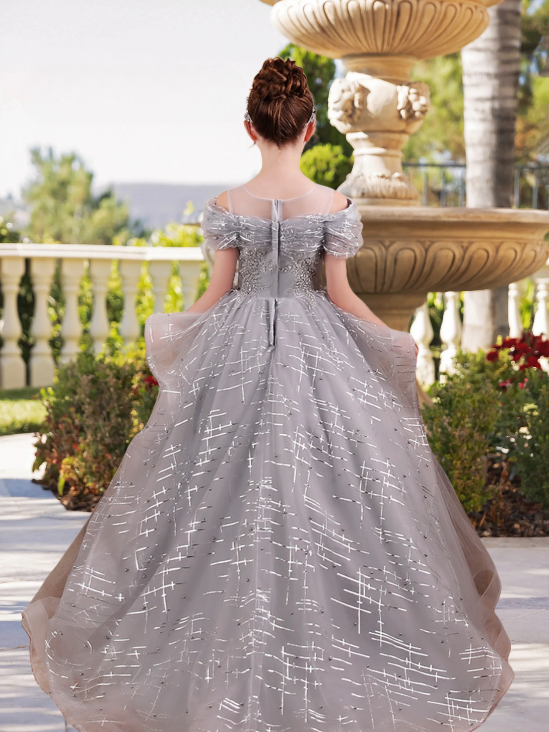 Scoop Neck Cold Shoulder Floor-Length Elegant Printed Tulle/Tulle Girls Birthday Dresses With Appliques/Beads Gidiondress