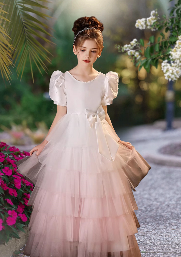 Elegant A-Line Scoop Neck Short Sleeve Floor-Length Tulle/Satin Girl's Cake Dresses With Beads/Bow Girls Gidiondress as picture 12M