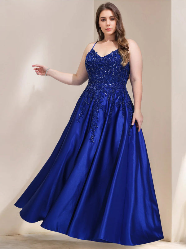 A-Line/Princess V-Neck Sleeveless Satin Lace Plus Size Prom Dresses With Sequins BabaMila