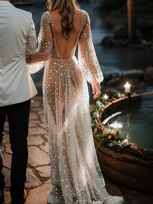 A-Line/Princess Sequined Tulle V-Neck Floor-Length Sequins Wedding Dress BabaMila