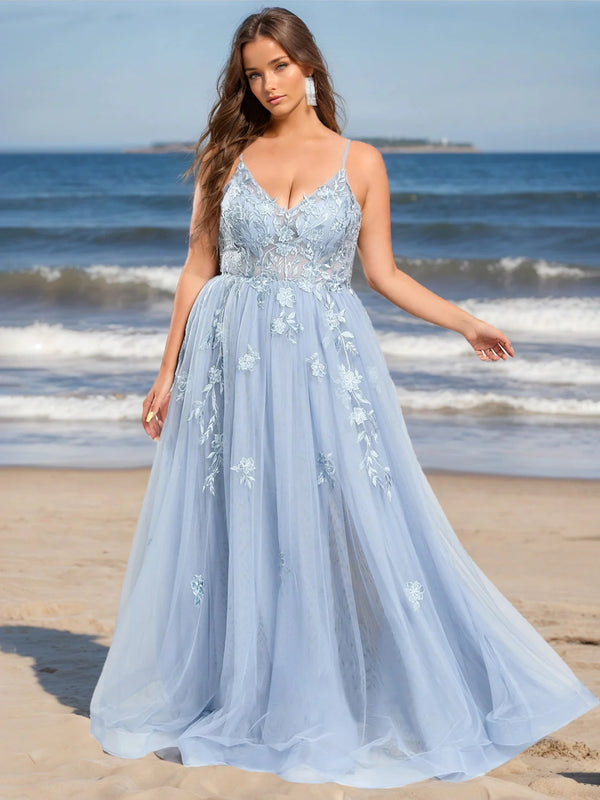 A-Line/Princess V-Neck Sleeveless Floor-Length Tulle Plus Size Prom Dresses With Appliques BabaMila