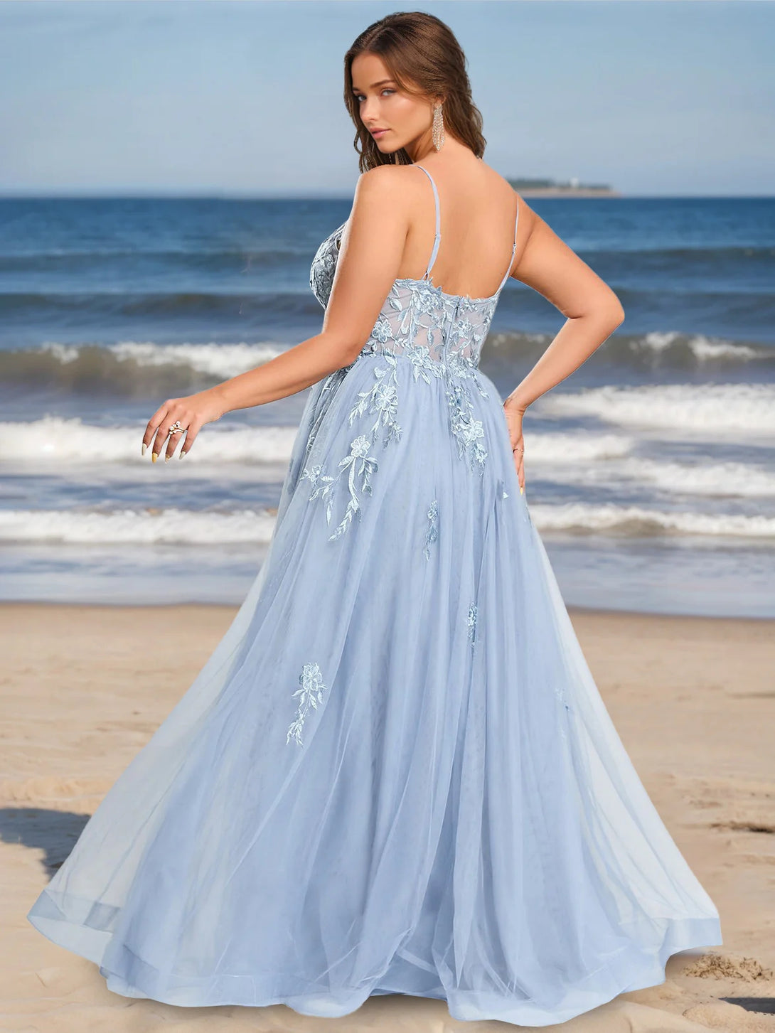 A-Line/Princess V-Neck Sleeveless Floor-Length Tulle Plus Size Prom Dresses With Appliques BabaMila