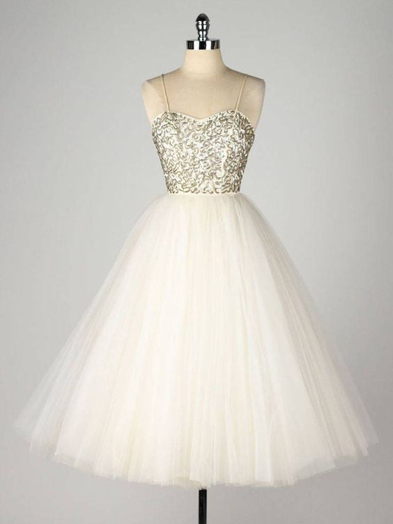 Homecoming Dress Gold Sequins Ivory Tulle Short Prom Dress Party Dress Homecoming Dress BabaMila
