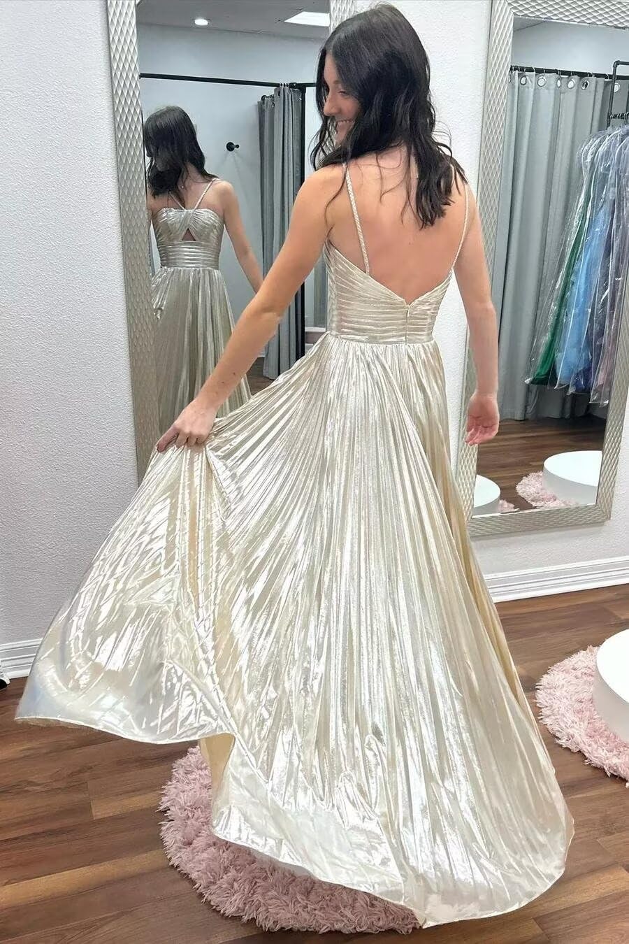 A-Line/Princess Spaghetti Straps Metallic Satin Floor-length Long Formal Evening Dresses with Split Side BabaMila