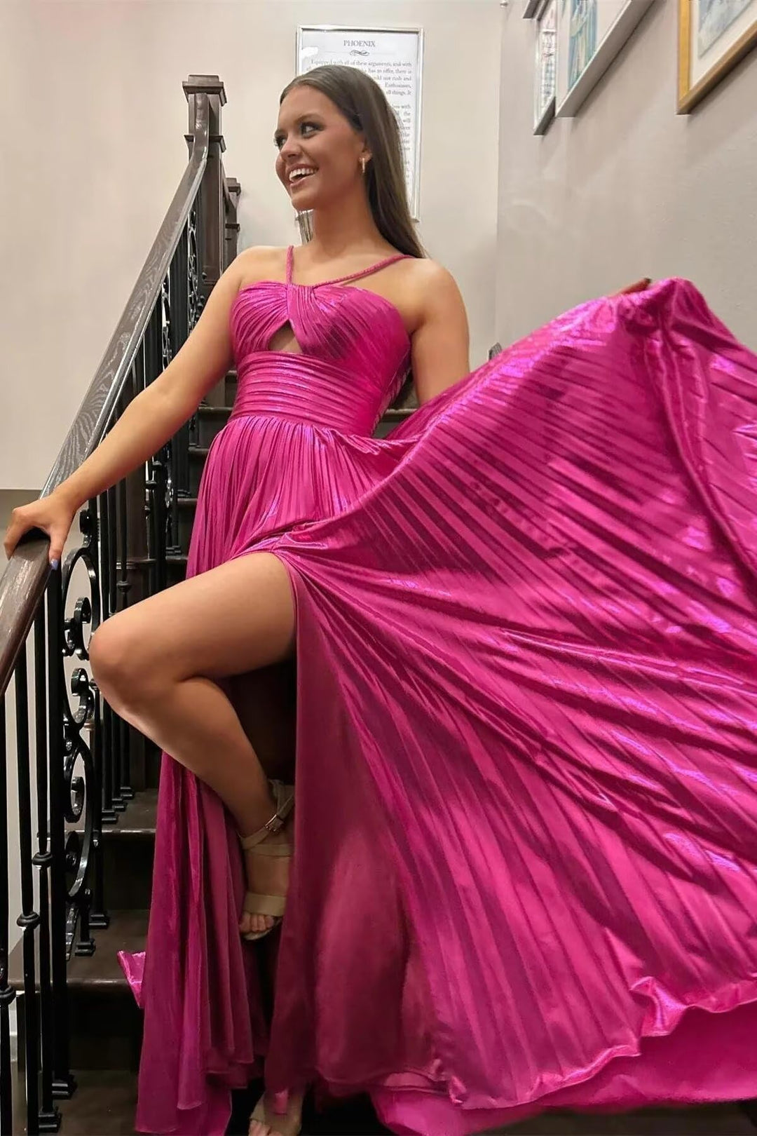 A-Line/Princess Spaghetti Straps Metallic Satin Floor-length Long Formal Evening Dresses with Split Side BabaMila