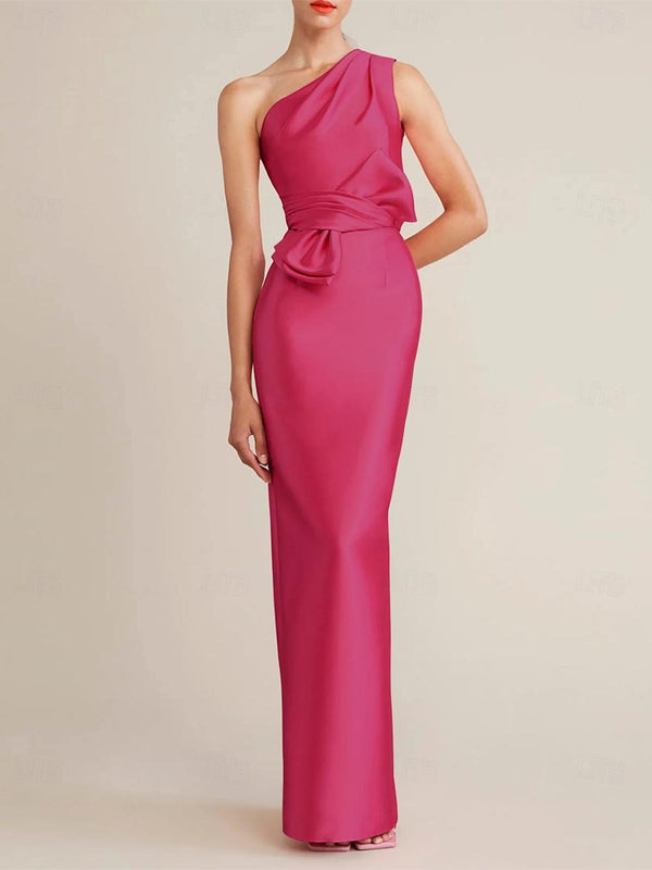 Sheath/Column Floor Length Sleeveless One Shoulder Wedding Guest Dresses Satin With Bow(S) Pocket BabaMila