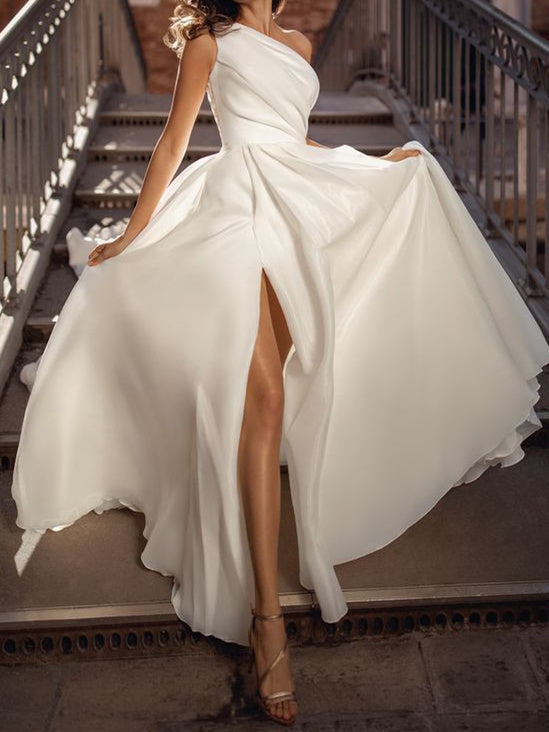 A-Line/Princess Organza One-Shoulder Floor-Length Wedding Dress With Split Side BabaMila