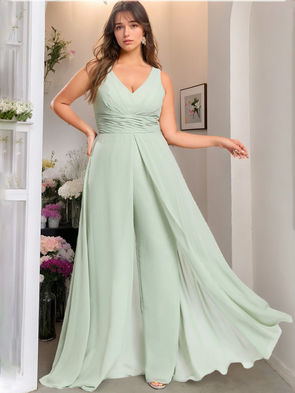 Pantsuit/Jumpsuit V-Neck Sleeveless Unique Chiffon Floor-Length Plus Size Bridesmaid Dresses with Ruffles BabaMila