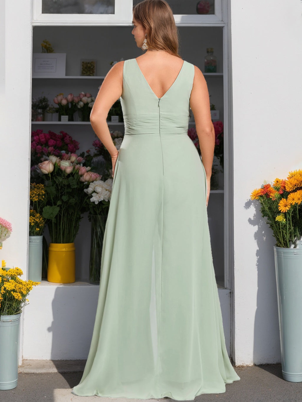 Pantsuit/Jumpsuit V-Neck Sleeveless Unique Chiffon Floor-Length Plus Size Bridesmaid Dresses with Ruffles BabaMila