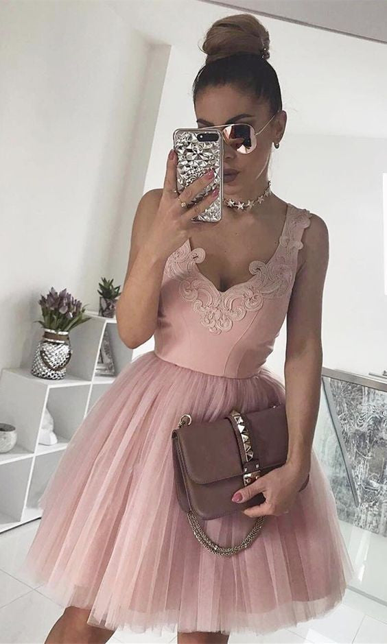 Homecoming Dress Tulle Straps Appliques Short Prom Dress Party Dress Homecoming Dress BabaMila