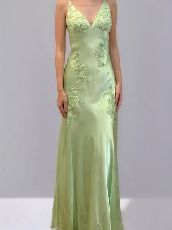 Sheath/Column Spaghetti Straps Backless Sleeveless Prom Dresses with Appliques & Self-tie BabaMila
