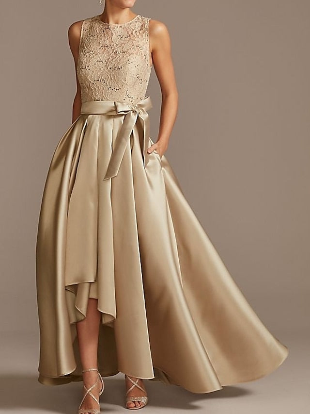A-Line/Princess Jewel Neck Sleeveless Asymmetrical Mother Of The Bride Dresses With Pleats BabaMila