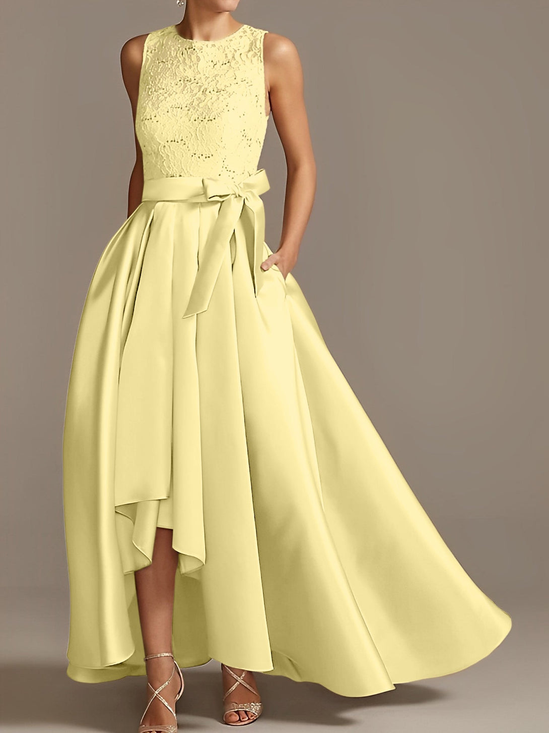 A-Line/Princess Jewel Neck Sleeveless Asymmetrical Mother Of The Bride Dresses With Pleats BabaMila