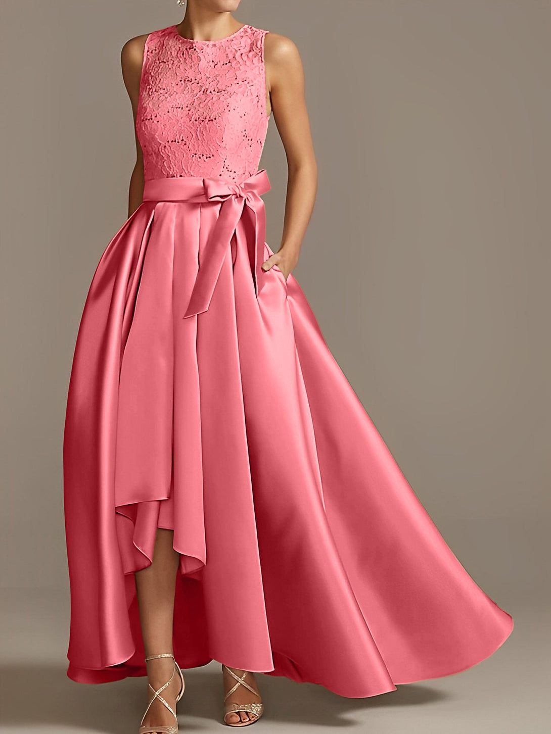A-Line/Princess Jewel Neck Sleeveless Asymmetrical Mother Of The Bride Dresses With Pleats BabaMila
