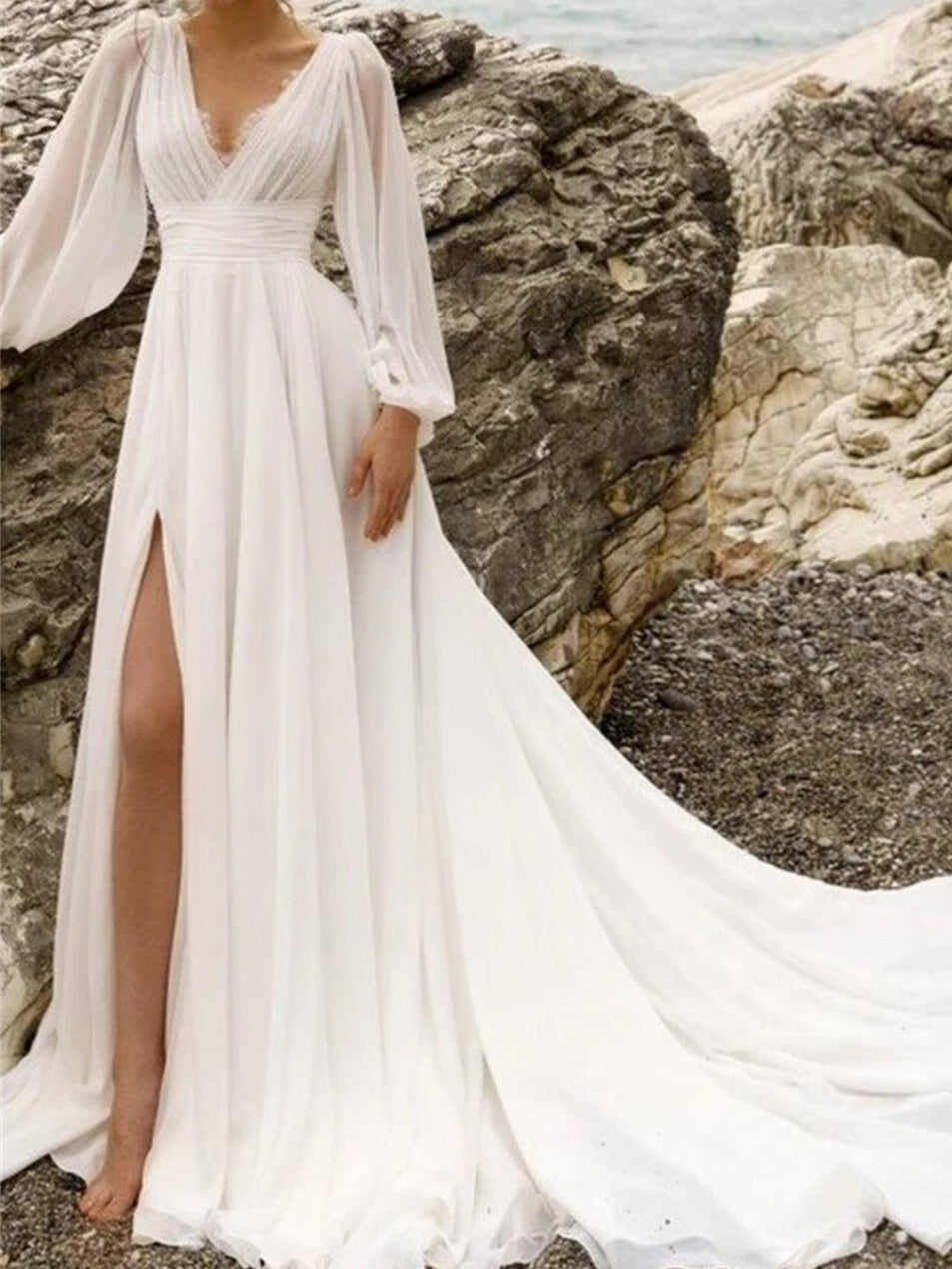A-Line/Princess V-Neck Floor-Length Wedding Dress With Split Side BabaMila