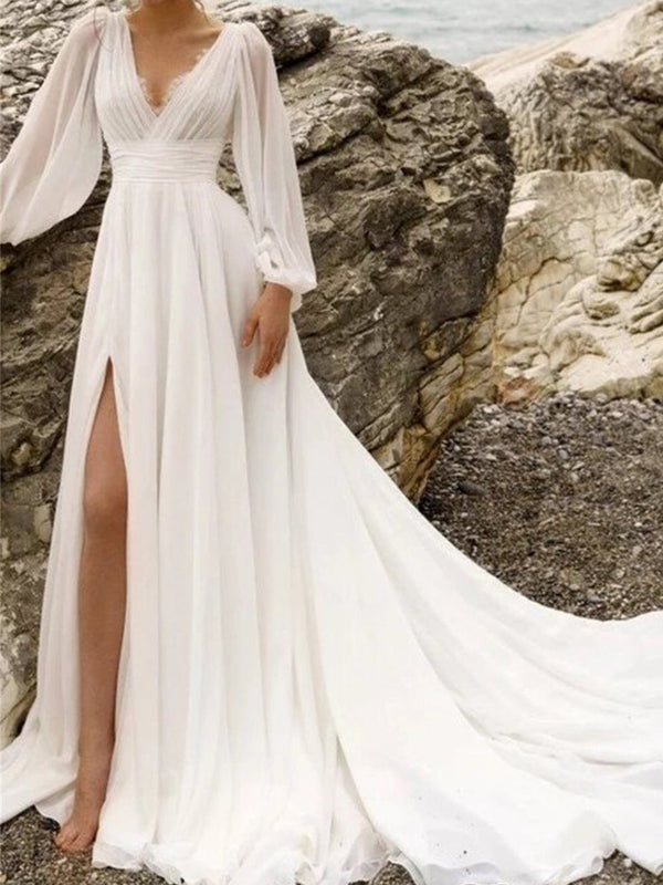 A-Line/Princess V-Neck Floor-Length Wedding Dress With Split Side BabaMila