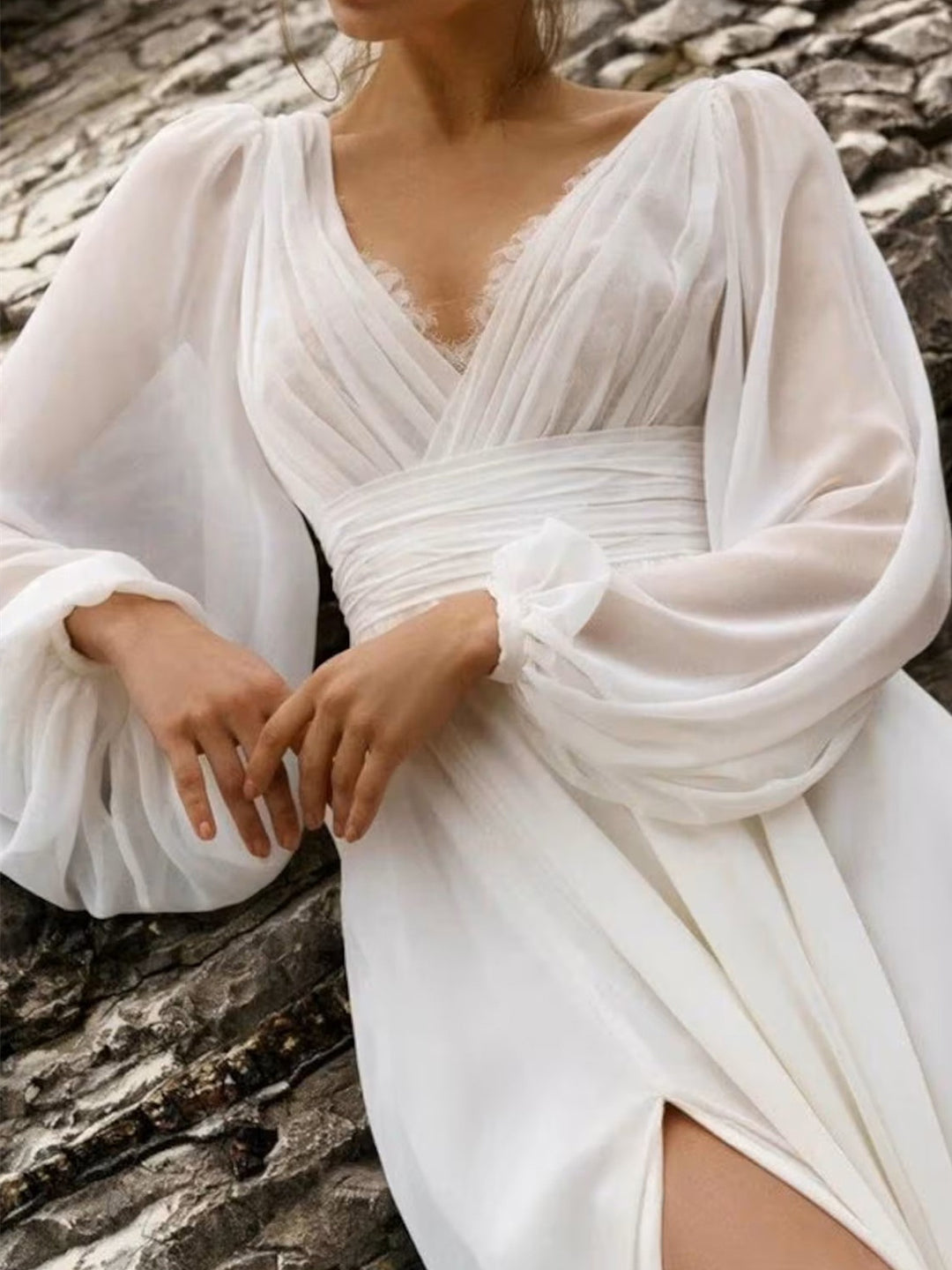 A-Line/Princess V-Neck Floor-Length Wedding Dress With Split Side BabaMila