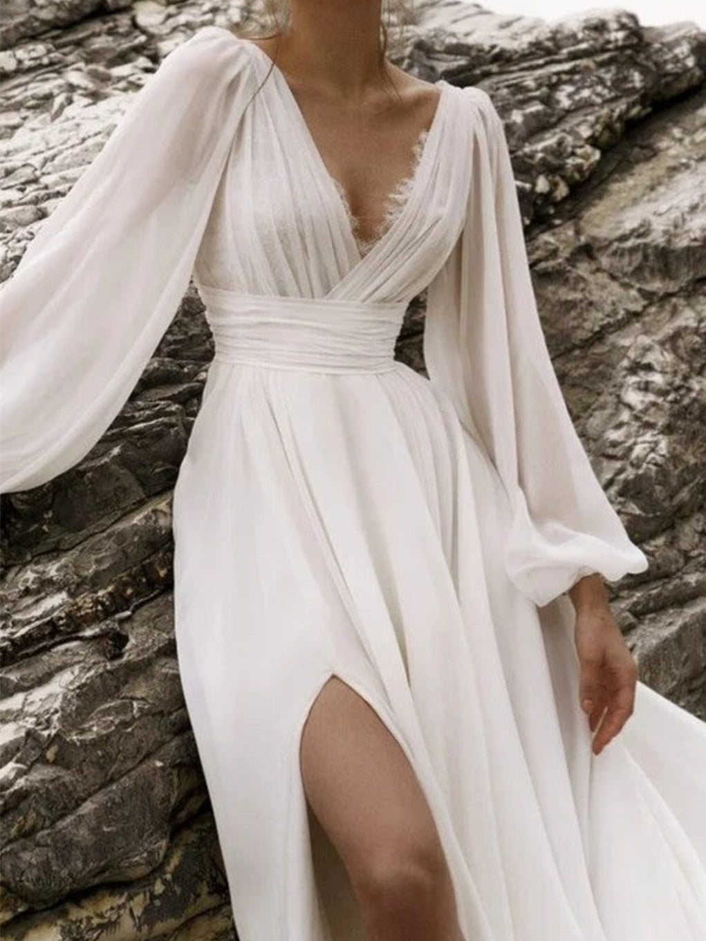 A-Line/Princess V-Neck Floor-Length Wedding Dress With Split Side BabaMila