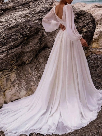 A-Line/Princess V-Neck Floor-Length Wedding Dress With Split Side BabaMila