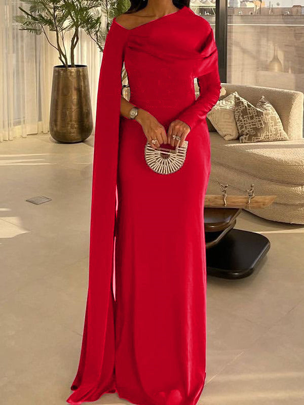 Sheath/Column Floor Length Long Sleeves Silk Like Satin Mother Of The Bride Dresses Prom Dress BabaMila