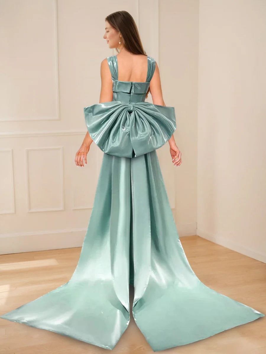 Sheath/Column Square Neckline Floor-Length Prom Dresses with Bowknot & Watteau Train BabaMila