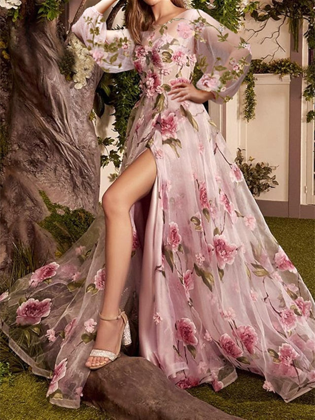 A-Line Floral Long Sleeve Scoop Neck Tulle Prom Dress with Embroidery BabaMila