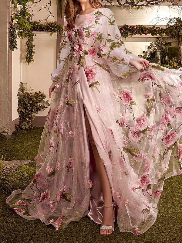 A-Line Floral Long Sleeve Scoop Neck Tulle Prom Dress with Embroidery BabaMila