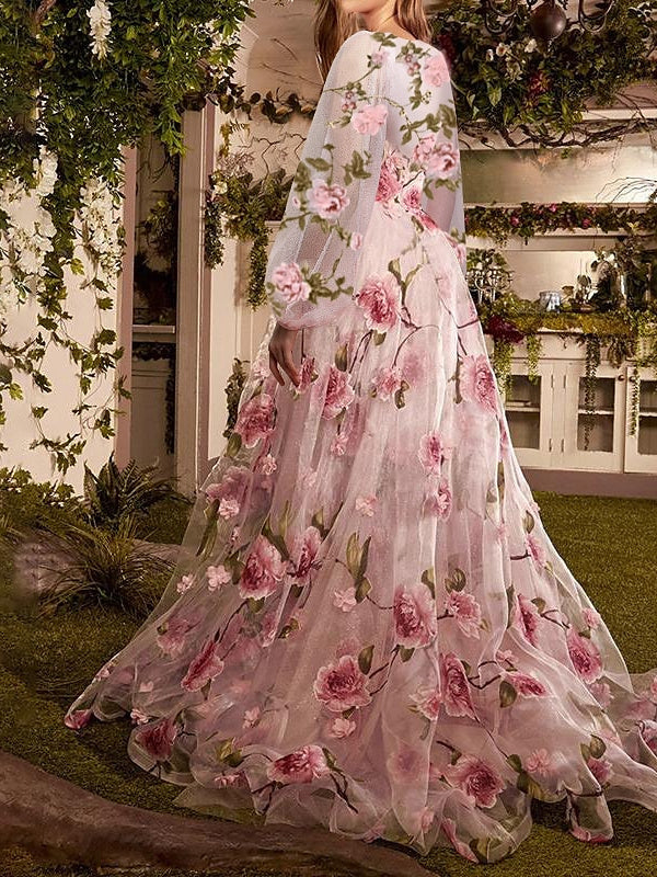A-Line Floral Long Sleeve Scoop Neck Tulle Prom Dress with Embroidery BabaMila