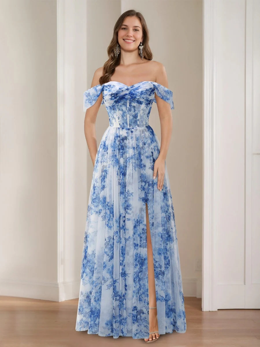 A-Line/Princess Off-the-shoulder Pleated Floor-Length Printed Floral Evening Dresses with Side Slit BabaMila