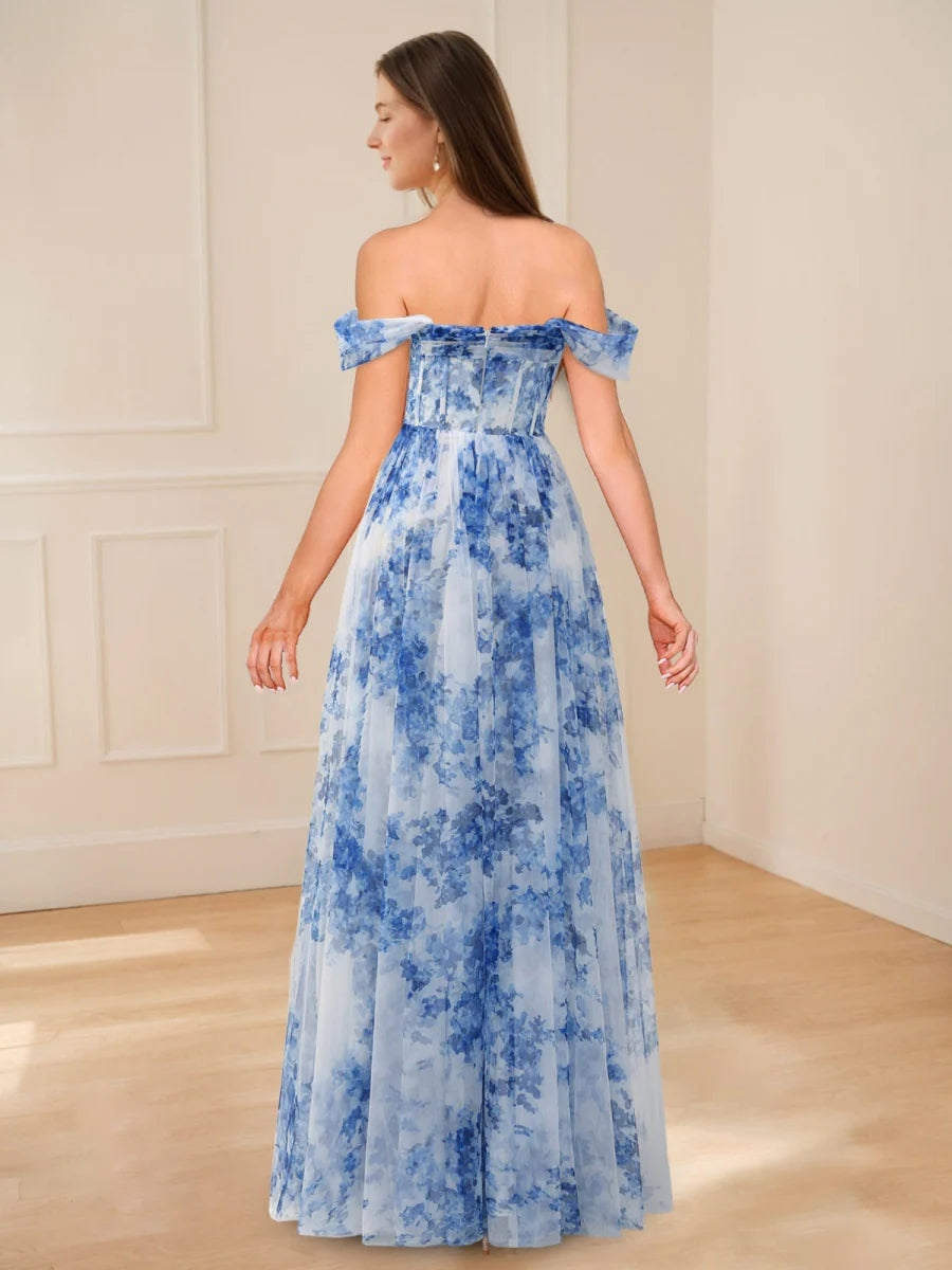 A-Line/Princess Off-the-shoulder Pleated Floor-Length Printed Floral Evening Dresses with Side Slit BabaMila