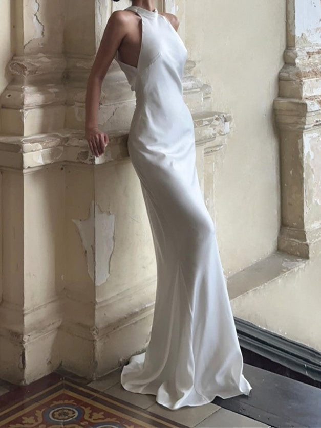 Trumpet/Mermaid Halter Sleeveless Silk Satin Floor-Length Wedding Dress BabaMila