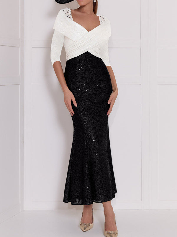 Trumpet/Mermaid Ankle-Length V-Neck 3/4 Sleeves Sequined Mother Of The Bride Dresses BabaMila