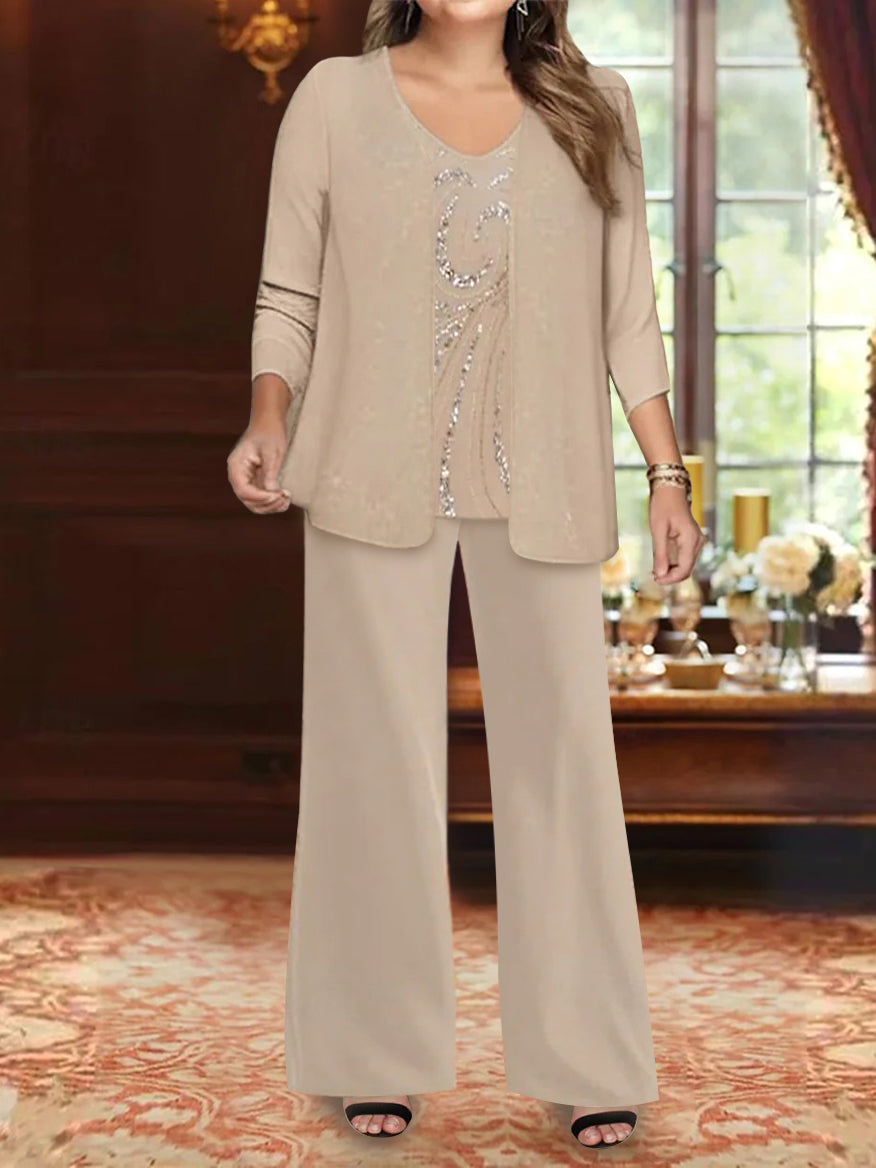 Chiffon V-Neck Floor-Length 3 Pieces Plus Size Mother Of The Bride Pantsuits With Jacket & Sequins BabaMila