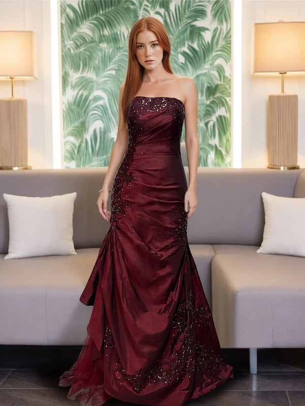 Trumpet/Mermaid Strapless Sleeveless Floor-Length Taffeta Prom Dresses with Ruffles，Embroidery & Beadings
