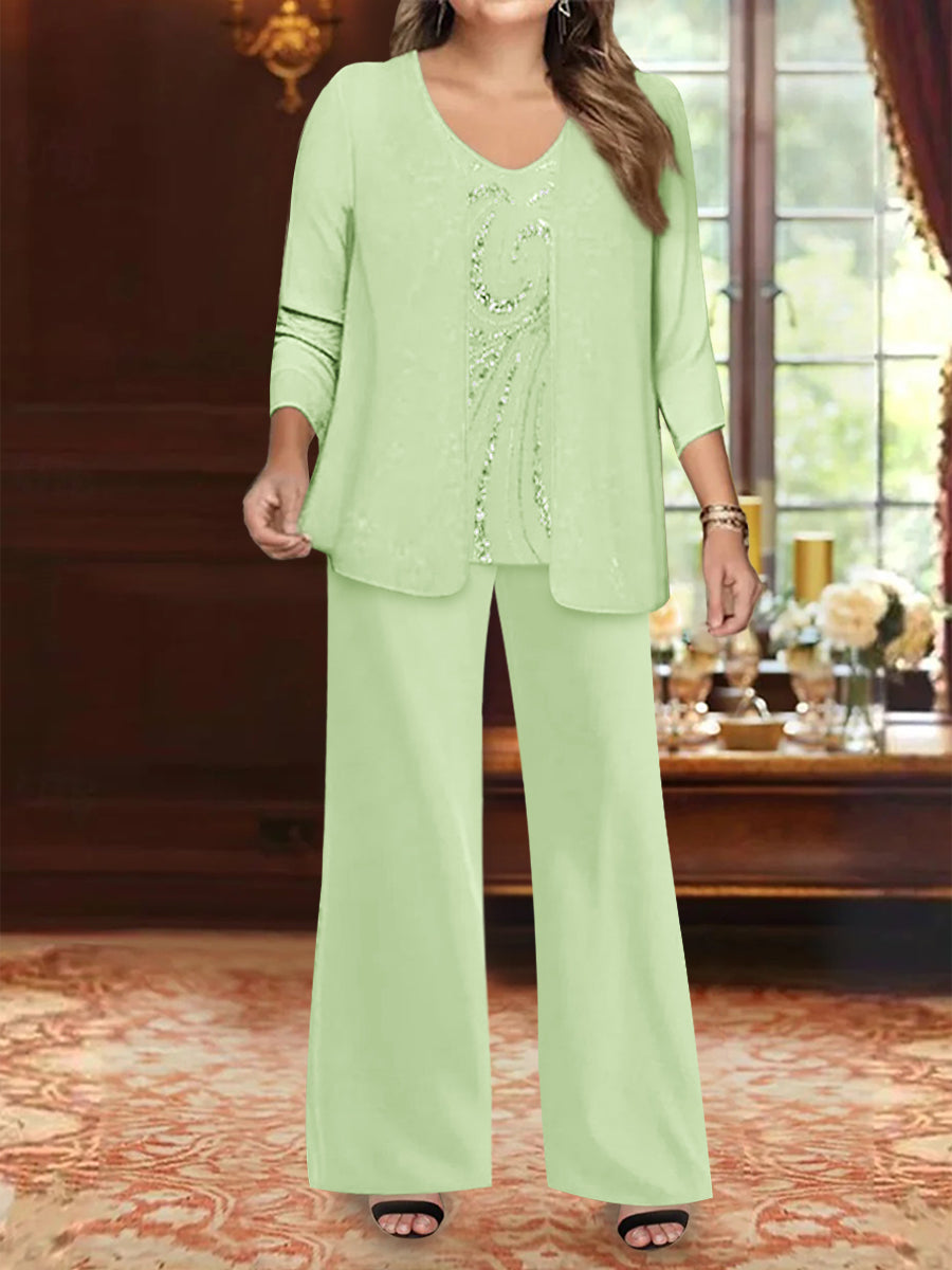 Chiffon V-Neck Floor-Length 3 Pieces Plus Size Mother Of The Bride Pantsuits With Jacket & Sequins BabaMila